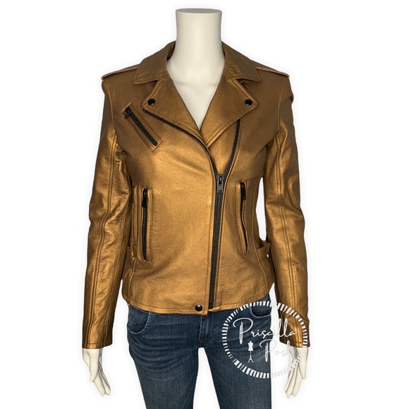 NWT IRO Gold Leather Moto Jacket Fleeced Lined Leather Motorcycle Jacket - Picture 7 of 16